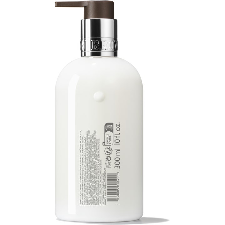 Molton Brown Graceful Apricot &amp; Freesia Body Lotion 300 ml fugtgivende kropspleje på hvid flaske set bagfra