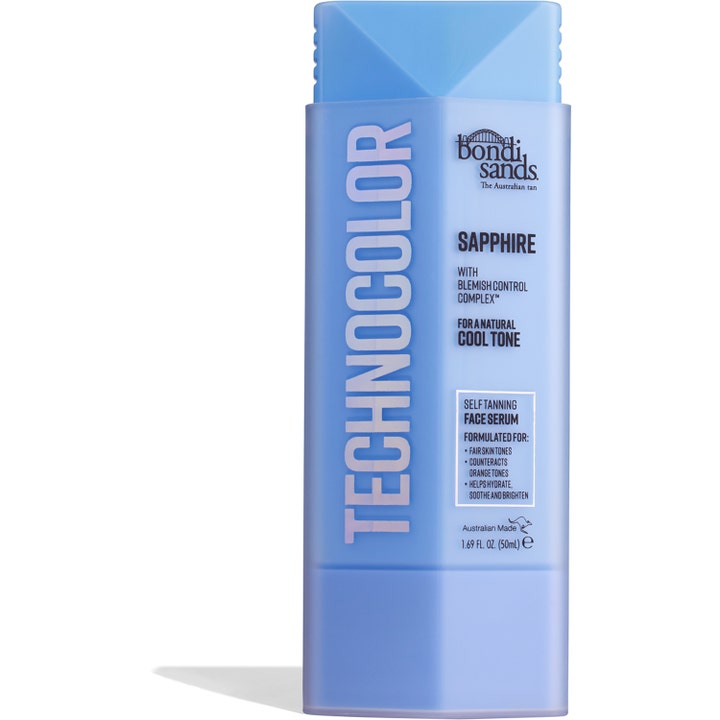 Bondi Sands Technocolor Sapphire 50 ml selvbruner ansigtsserum modvirker orange toner i lyseblå beholder.