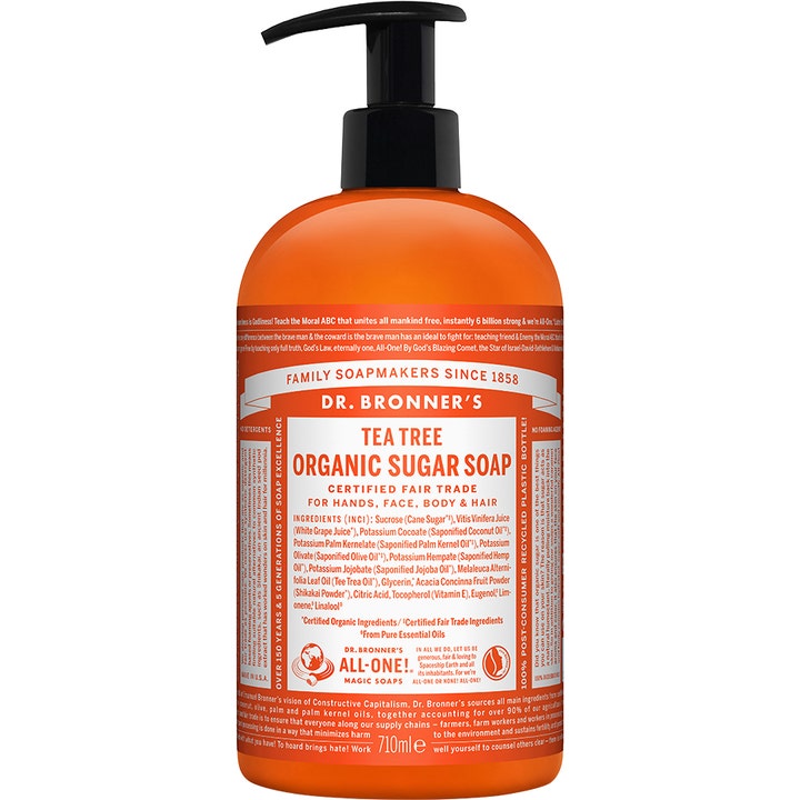 Dr. Bronner's Tea Tree Organic Sugar Soap 710ml økologisk sæbe i orange plastflaske med sort pumpe.