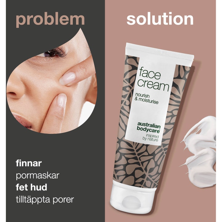 Australian Bodycare Face Cream 100 ml ansigtscreme mod urenheder i hvid tube med cremetekstur og før-efter billede.