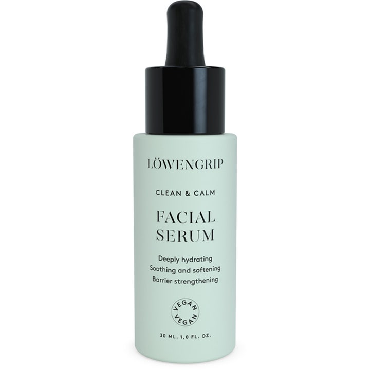 Löwengrip Clean & Calm Facial Serum 30 ml fugtgivende ansigtsserum i en lysegrøn frostet glasflaske med sort pipette