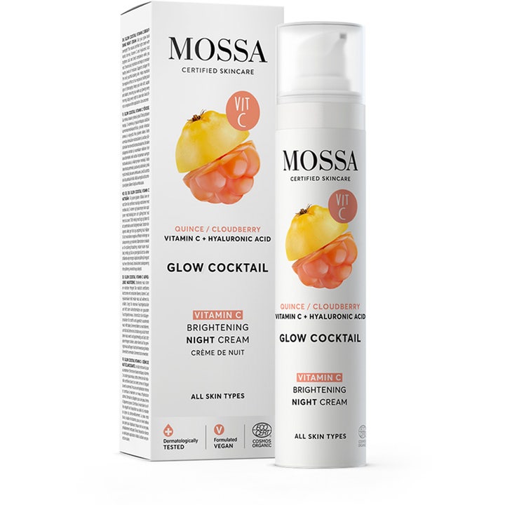 Mossa Glow Cocktail Vitamin C Brightening Night Cream 50 ml i hvid pumpeflaske med matchende yderemballage
