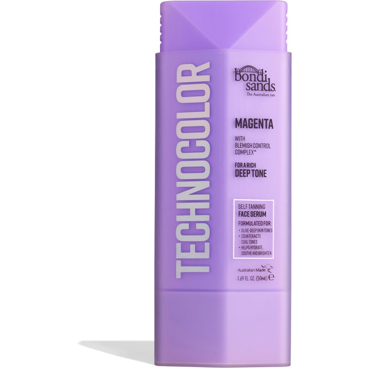 Bondi Sands Technocolor Magenta 50ml selvbruner ansigtsserum modvirker kølige toner i lilla rektangulær flaske