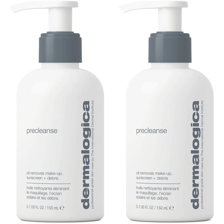Dermalogica Precleanse 150 ml renseolie fjerner effektivt makeup vist som to hvide flasker med grå pumper