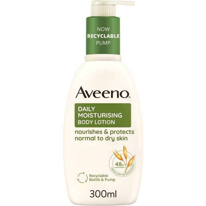 Aveeno Daily Moisturising Body Lotion 300ml plejer tør hud i en hvid flaske med grøn genanvendelig pumpe og havre