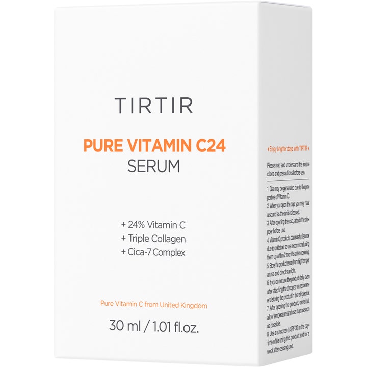 TIRTIR Pure Vitamin C24 Serum 30 ml glødgivende ansigtsserum i hvid yderemballage med orange tekst og 24% Vitamin C