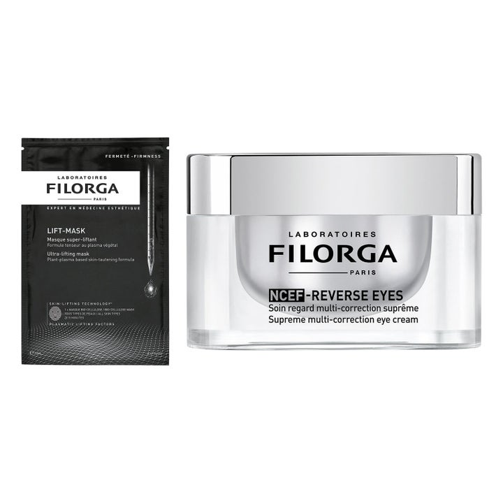 Filorga Lift-Mask og NCEF-Reverse Eyes opstrammende pleje i sort sachet og stilfuld sølvfarvet øjencremekrukke.