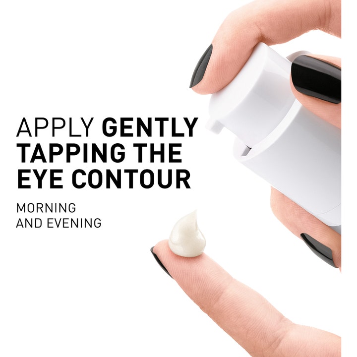 Filorga Optim-Eyes 3-in-1 Eye Contour Cream 15 ml øjencreme mod mørke rande med hvid pumpeflaske og cremetekstur