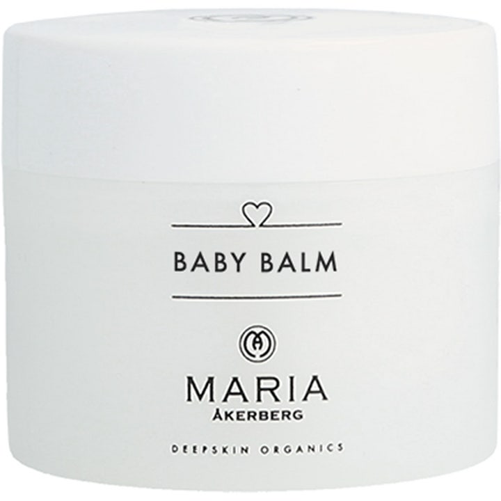 Maria Åkerberg Baby Balm blødgørende salve til sart hud i hvid krukke med hvidt låg og sort tekst