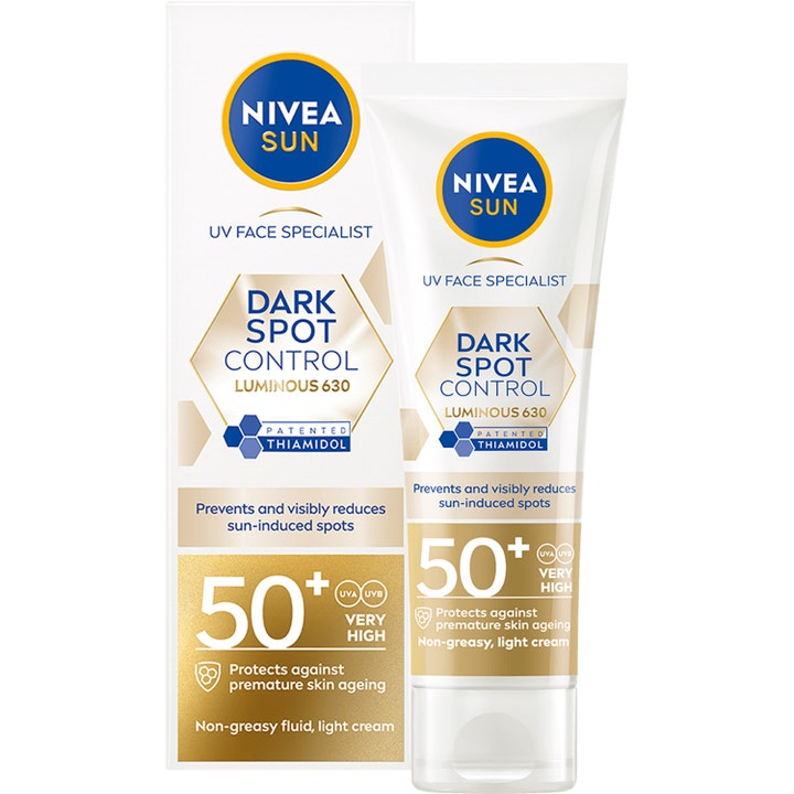 Nivea Sun Dark Spot Control Luminous 630 40 ml solcreme mod pigmentpletter i hvid tube og æske med gulddetaljer