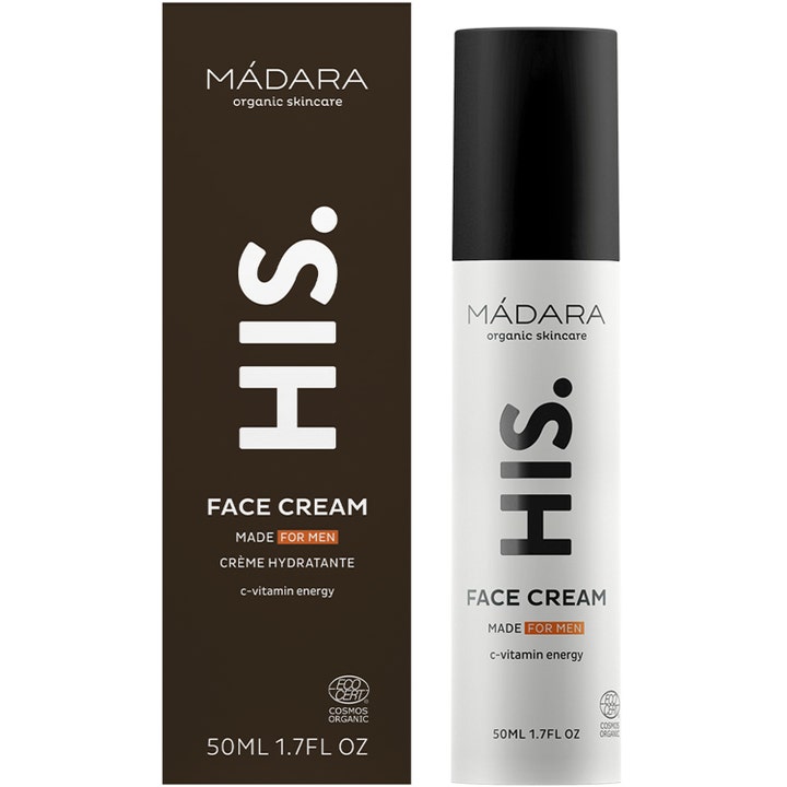 MÁDARA HIS Face Cream 50 ml energigivende ansigtscreme med c-vitamin i hvid pumpeflaske og brun æske