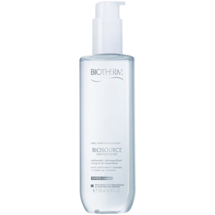 Biotherm Biosource Eau Micellaire 200 ml ansigtsrens i gennemsigtig flaske med hvid pumpe til sensitiv hud.
