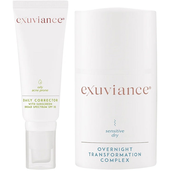 Exuviance Daily Corrector og Overnight Transformation Complex sæt med hvide tuber der modvirker urenheder