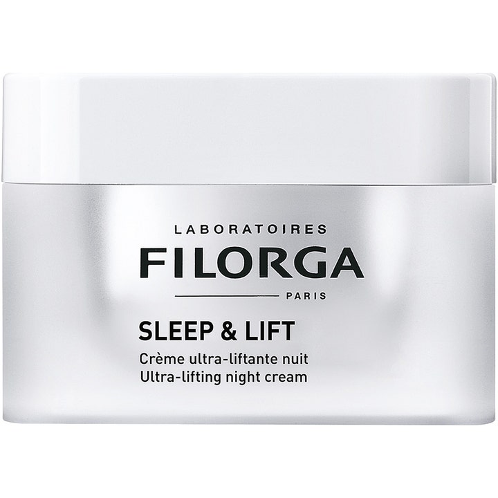 Filorga Sleep & Lift 50 ml opstrammende natcreme i en elegant sølvfarvet krukke med hvidt låg