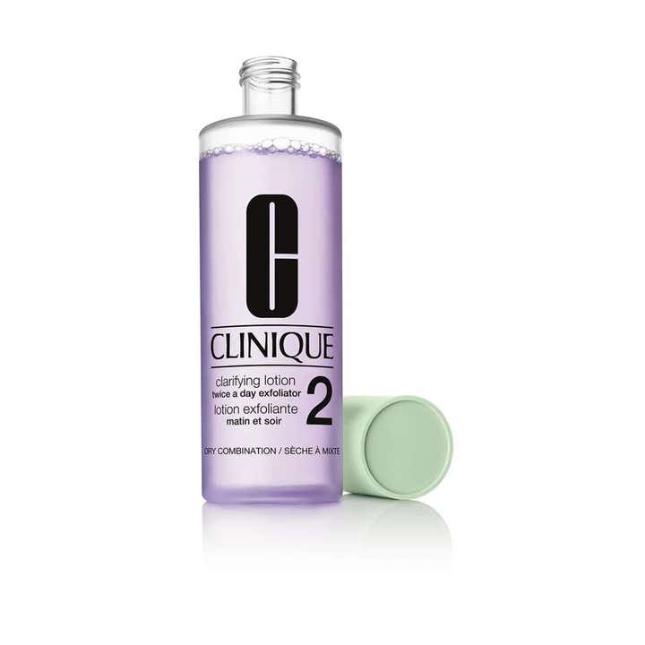 Clinique Clarifying Lotion 2 200 ml eksfolierende toner til tør kombineret hud i lilla flaske med åbent låg