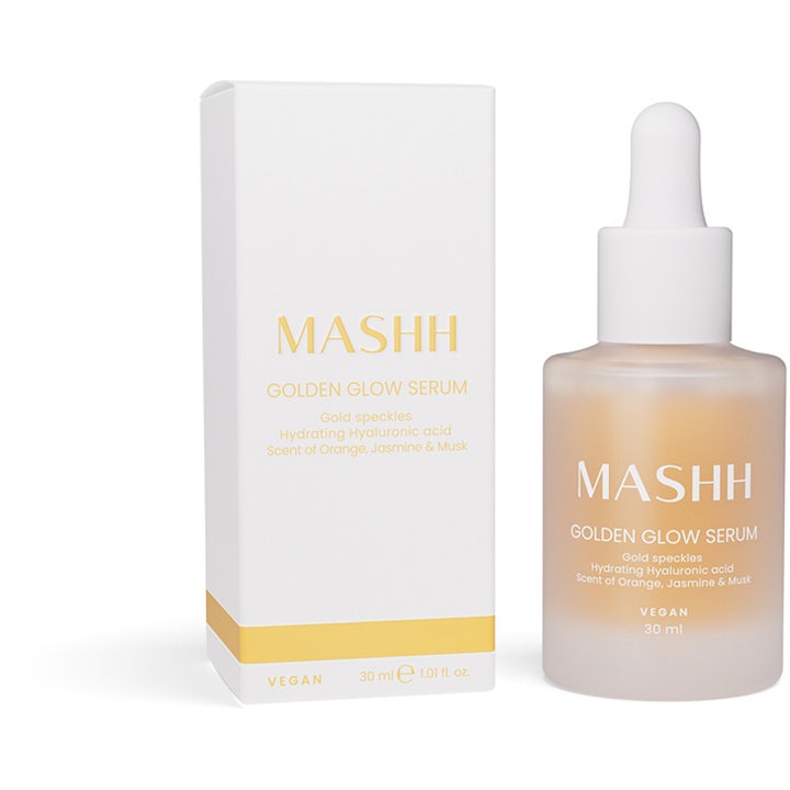 MASHH Golden Glow Serum 30 ml vegansk fugtgivende serum med guldflager i frostet glasflaske med hvid pipette