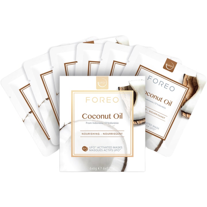 FOREO UFO Mask Natural Collection Coconut Oil 36 g nærende sheet maske i hvid æske med seks breve og kokosmotiv