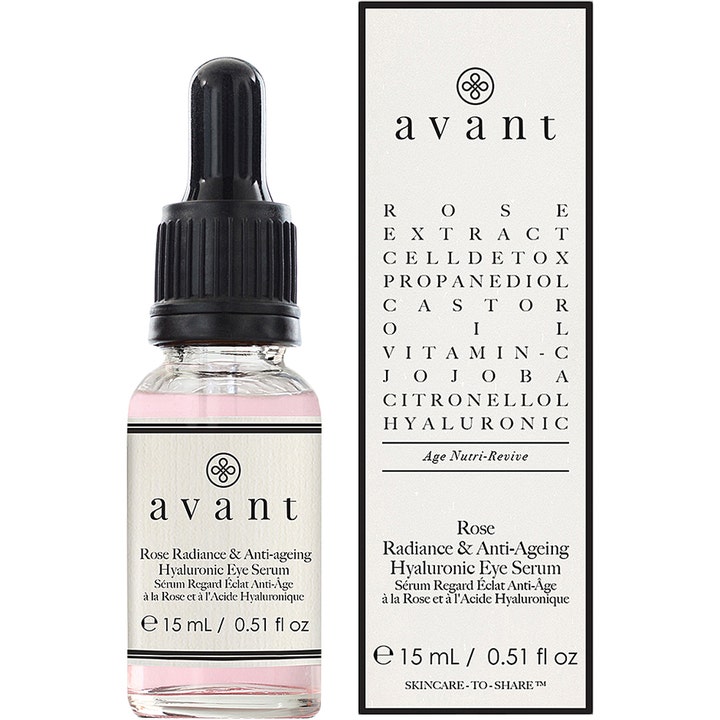 Avant Skincare Rose Radiance & Anti-ageing Hyaluronic Eye Serum 15 ml øgenserum i glasflaske med pipette og hvid æske