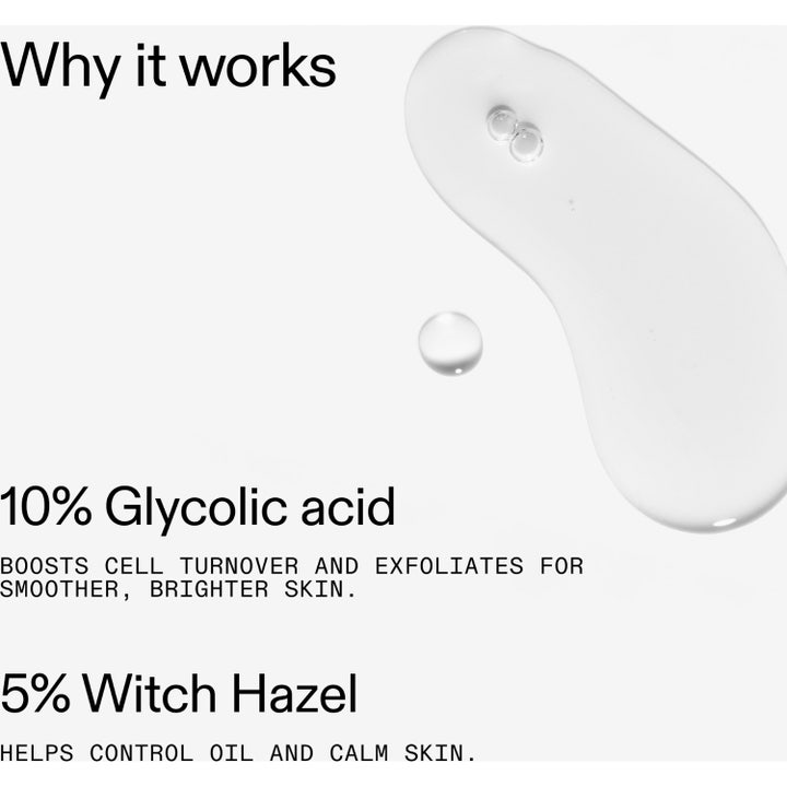 The INKEY List Glycolic Acid Toner 100 ml eksfolierende toner viser 10% Glycolic acid og en klar flydende tekstur.