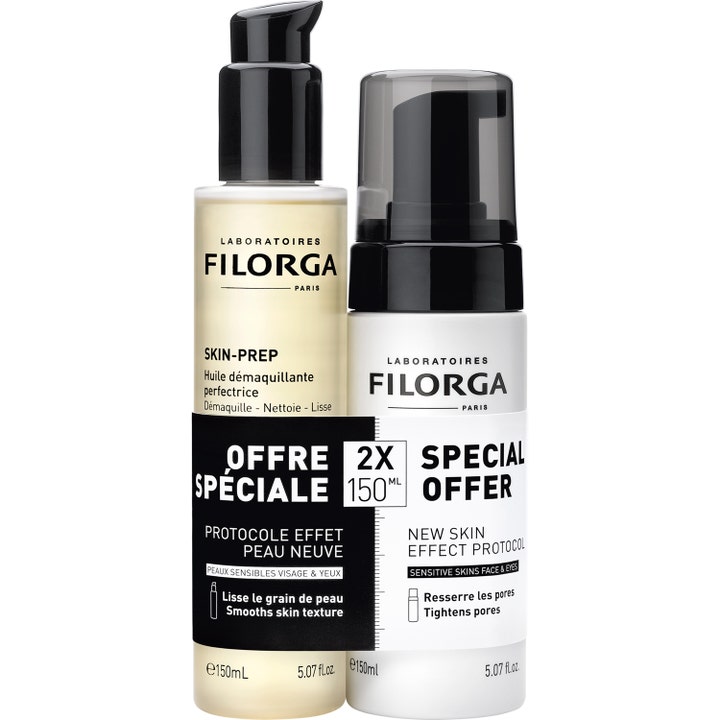 Filorga Skin-Prep 2x150ml rensesæt forfiner huden med en gylden olie og hvid renseskum i flasker med sorte pumper