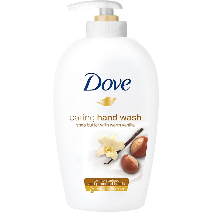 Dove Caring Hand Wash 250ml fugtgivende håndsæbe i hvid pumpeflaske med illustration af vanilje og sheanødder