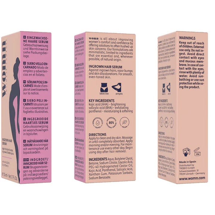 Womn Womn Ingrown Hair Serum 50 ml i lyserød papæske med ingredienser som AHA og BHA mod indgroet hår
