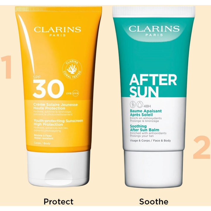 Clarins Youth-protecting Sunscreen 150 ml solcreme i gul tube vist sammen med en lindrende After Sun Balm
