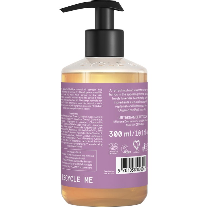 Urtekram Hand Wash Soothing Lavender 300 ml beroligende håndsæbe viser flaskens bagside med ingredienser og logoer