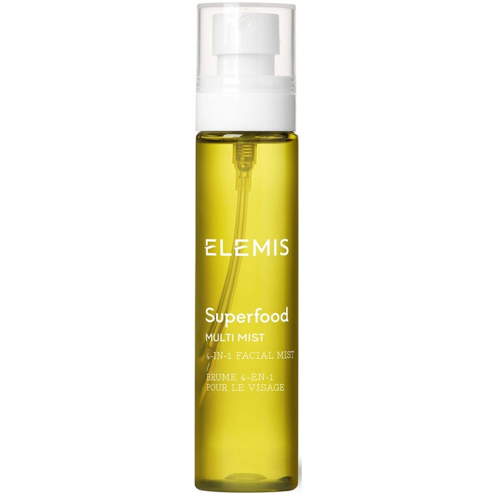 Elemis Superfood Multi Mist 100 ml fugtgivende ansigtsspray i gennemsigtig flaske med gulgrøn væske