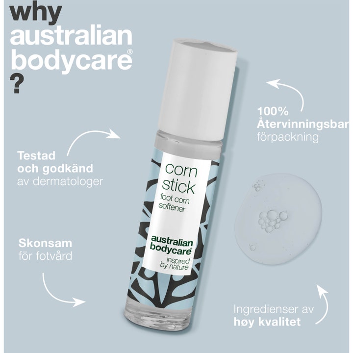Australian Bodycare Corn Stick 9 ml blødgørende fodpleje mod ligtorne i klar flaske med hvidt låg og dråbe.