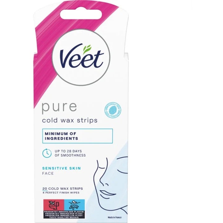 Veet Pure Cold Wax Strips Face 20 stk voksstrips til sensitiv hud i hvid og lyserød emballage med ansigtstegning
