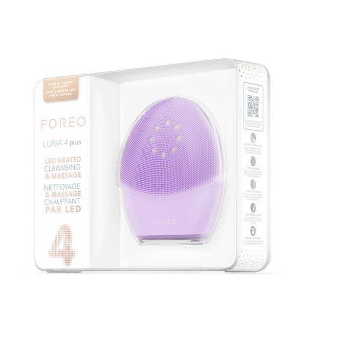 FOREO LUNA 4 plus Sensitive Skin 1 stk rensebørste med LED-lys i lilla silikone i gennemsigtig æske