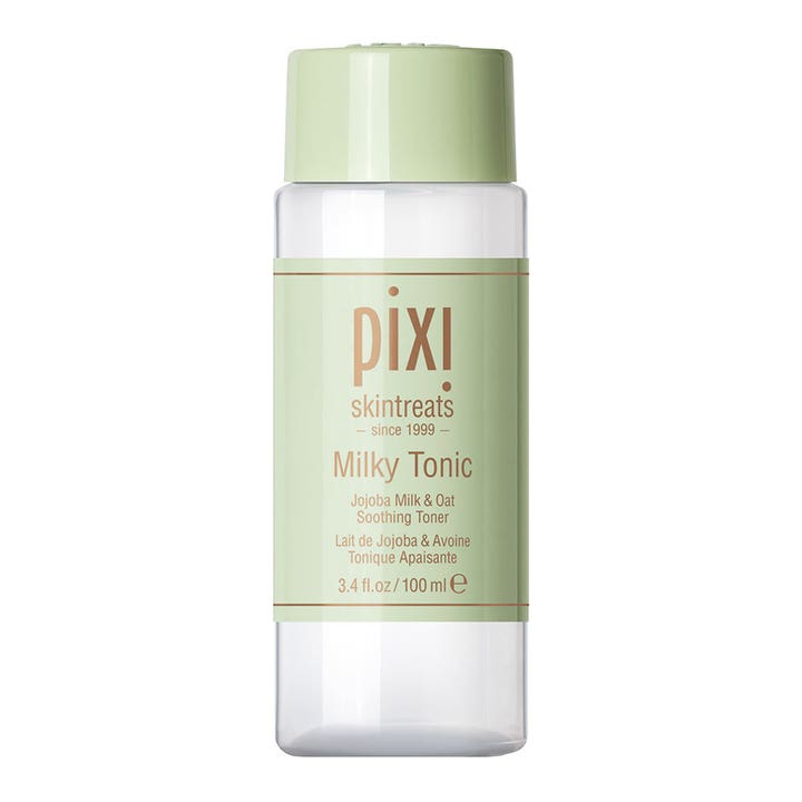 Pixi Milky Tonic 100 ml beroligende ansigtsvand i gennemsigtig plastflaske med lysegrønt låg og etiket