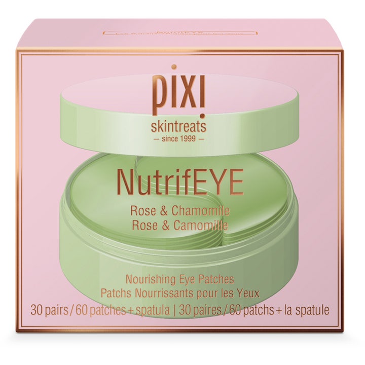 Pixi NutrifEYE 30 par nærende øjenmasker med rose og kamille i en lyserød æske med lysegrøn krukke.