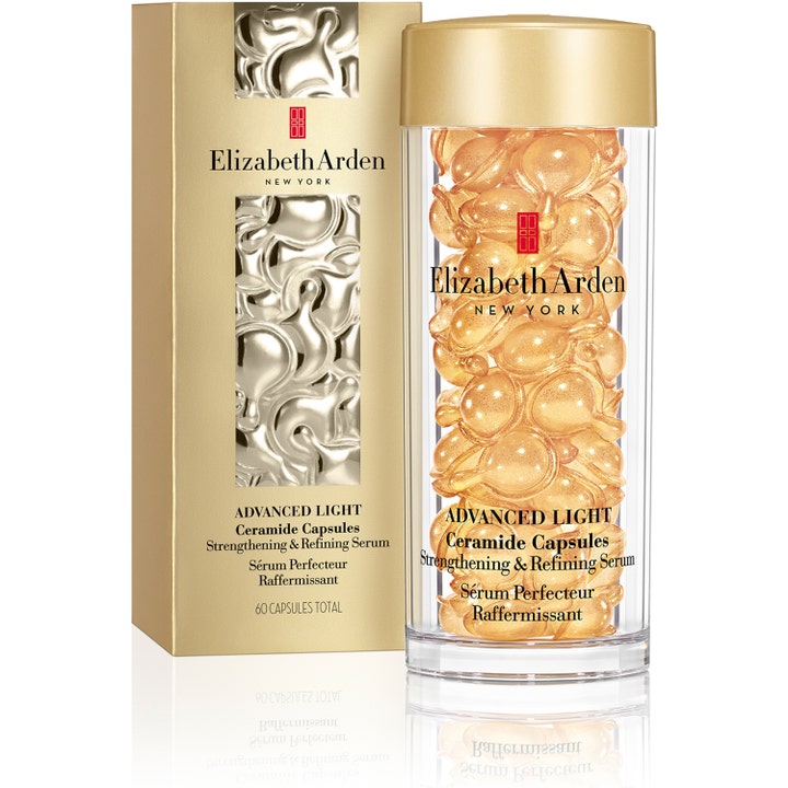 Elizabeth Arden Ceramide Capsules 60 stk styrkende ansigtsserum i guldæske og krukke med gyldne kapsler