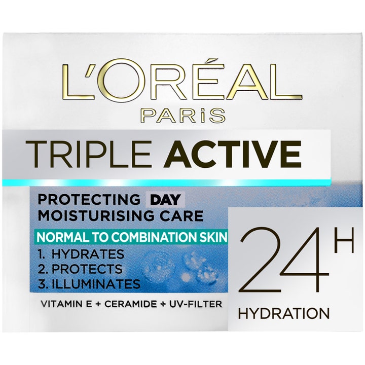 L'Oréal Paris Triple Active Day fugtgivende dagcreme beskytter huden i en hvid og blå papæske til normal hud