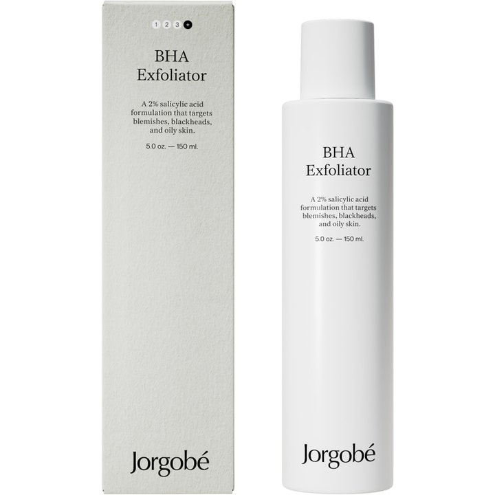 Jorgobé BHA Exfoliator 150 ml eksfolierende serum med salicylsyre mod urenheder i hvid flaske og æske.