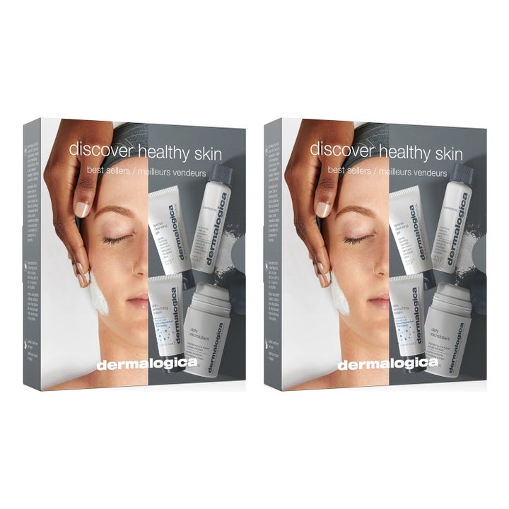 Dermalogica Discover Healthy Skin Kit hudplejesæt i gaveæske med tuber og flasker der giver en sund hudglød