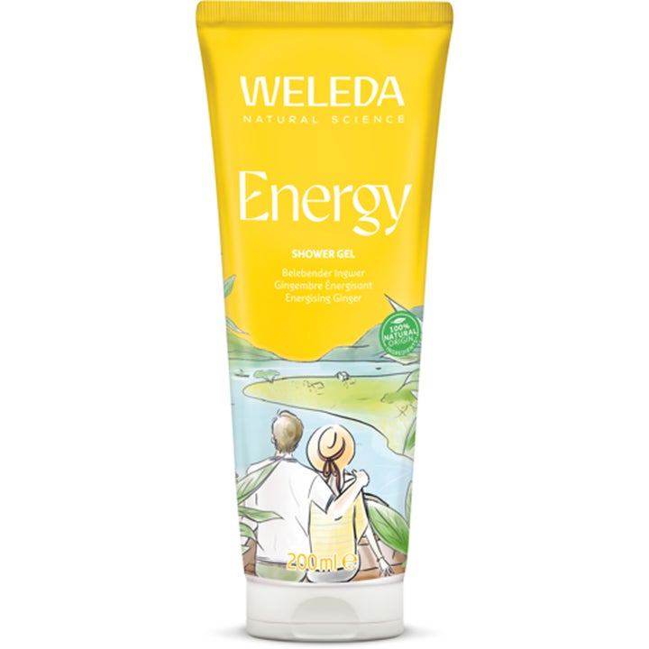 Weleda Aroma Shower Energy 200 ml opfriskende showergel i gul tube med hvidt låg og illustration af ingefær
