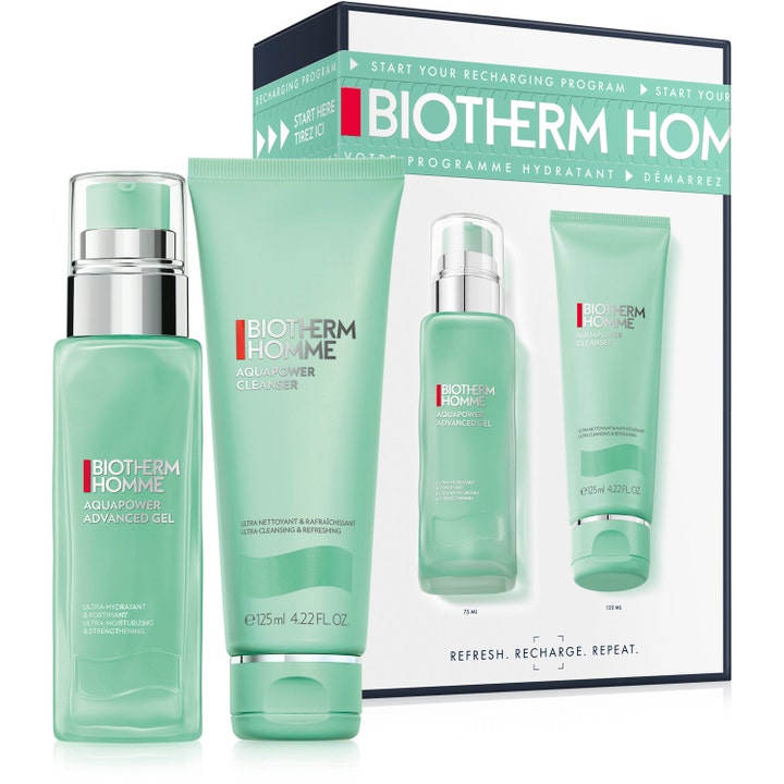 Biotherm Homme Aquapower Holiday Set med fugtgivende ansigtsgel og rens i lysegrønne flasker foran gaveæske