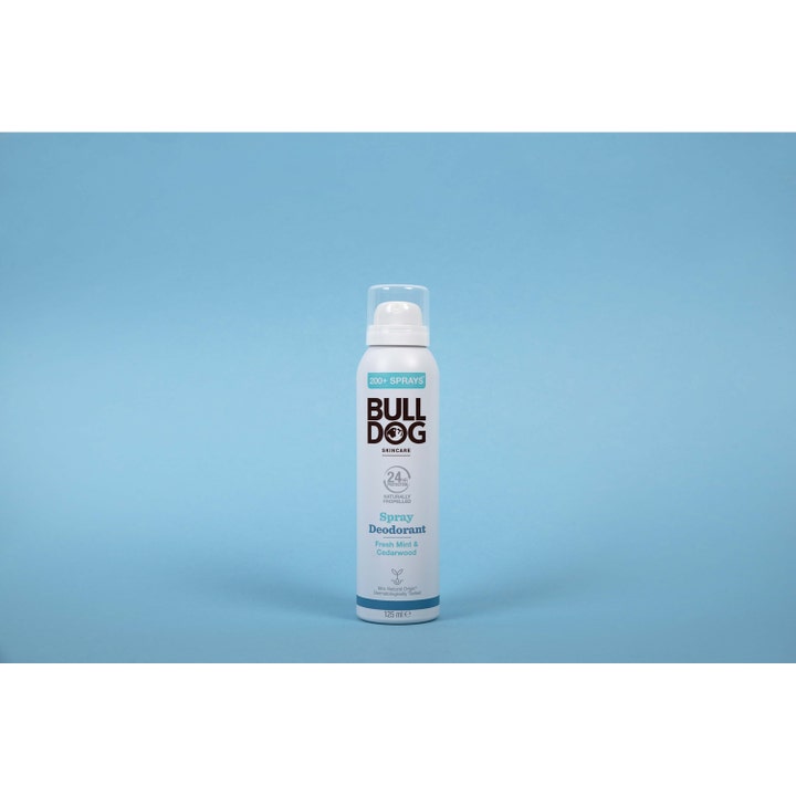 Bulldog Spray Deodorant Fresh Mint & Cedarwood 125 ml giver 24 timers beskyttelse i hvid sprayflaske mod blå baggrund