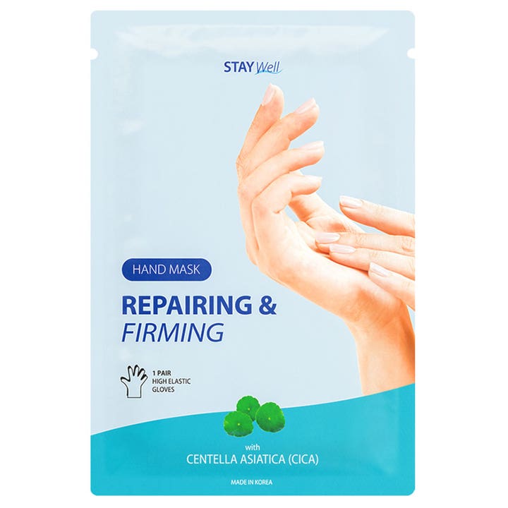 STAY Well Repairing & Firming Hand Mask 1 par plejende håndmaske med centella asiatica i lyseblå emballage