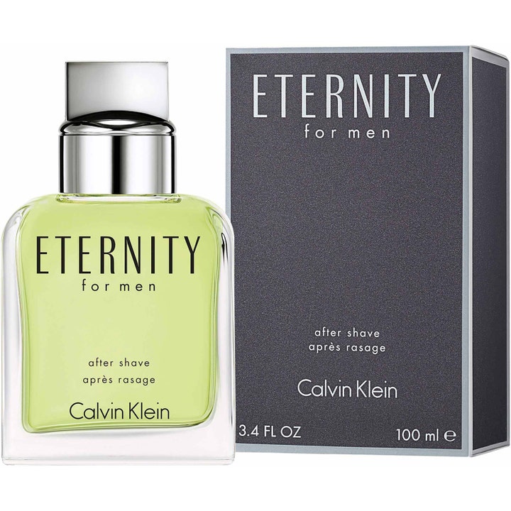 Calvin Klein Eternity For Men 100 ml after shave i gennemsigtig flakon med sølvlåg ved siden af grå æske