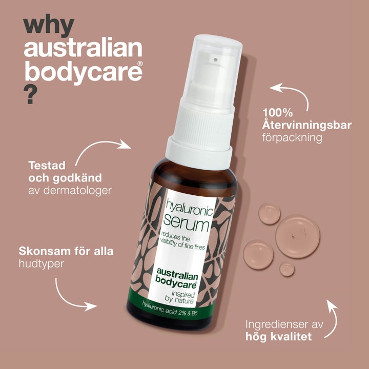 Australian Bodycare Hyaluronic Serum 30 ml i brun glasflaske med pumpe og klare dråber der mindsker fine linjer.