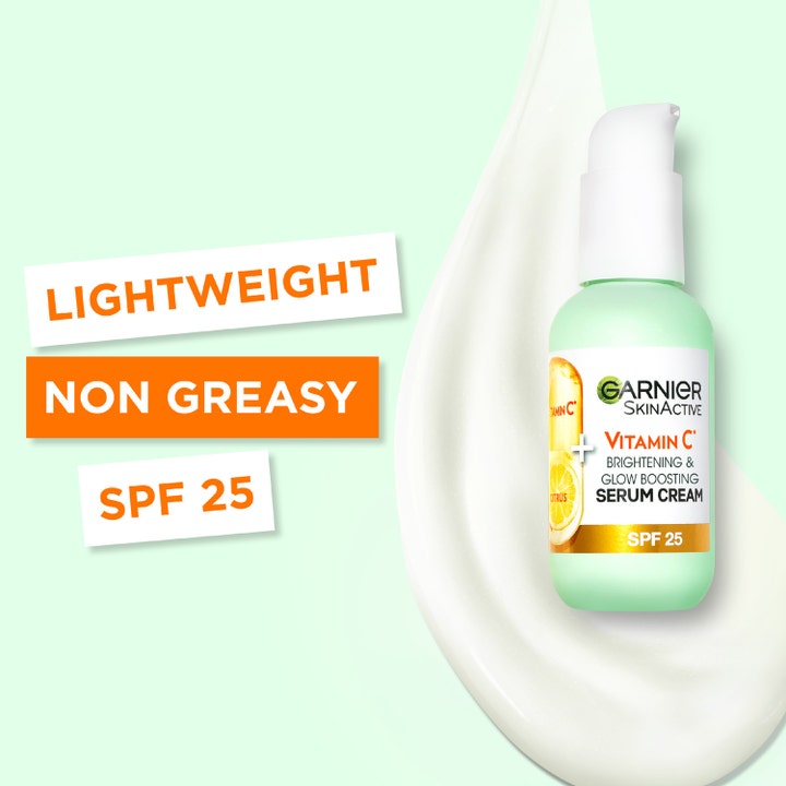 Garnier Skin Active Vitamin C Serum Cream 50 ml med SPF 25 i let hvid tekstur der ikke fedter og giver glød