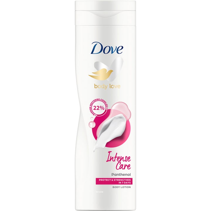 Dove Body Love Intense Care 400 ml bodylotion der styrker huden i en hvid flaske med lyserøde detaljer