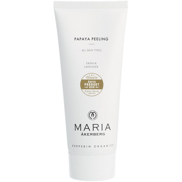 Maria Åkerberg Papaya Peeling eksfolierende ansigtspeeling der giver glød i hvid tube med guldstempel.