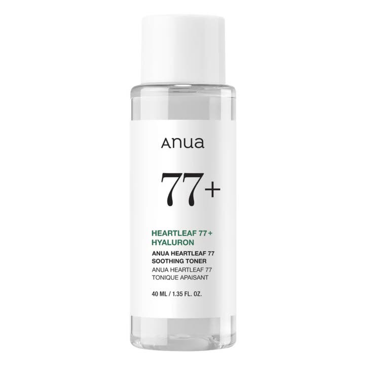 Anua Heartleaf 77% Soothing Toner 40 ml beroligende toner i gennemsigtig flaske med hvid etiket og hvidt låg