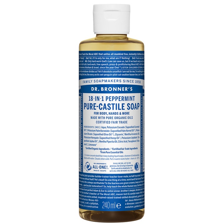 Dr. Bronner's 18-in-1 Peppermint Pure-Castile Soap 240 ml opfriskende kropssæbe i gennemsigtig flaske med blå etiket.