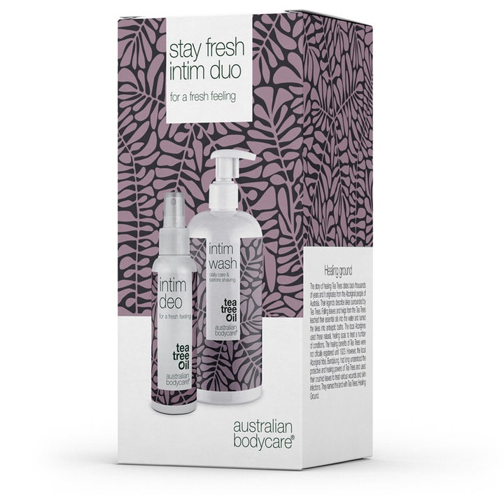 Australian Bodycare Stay Fresh Intimate Duo 600 ml intimpleje mod lugt i lilla mønstret æske med wash og deo
